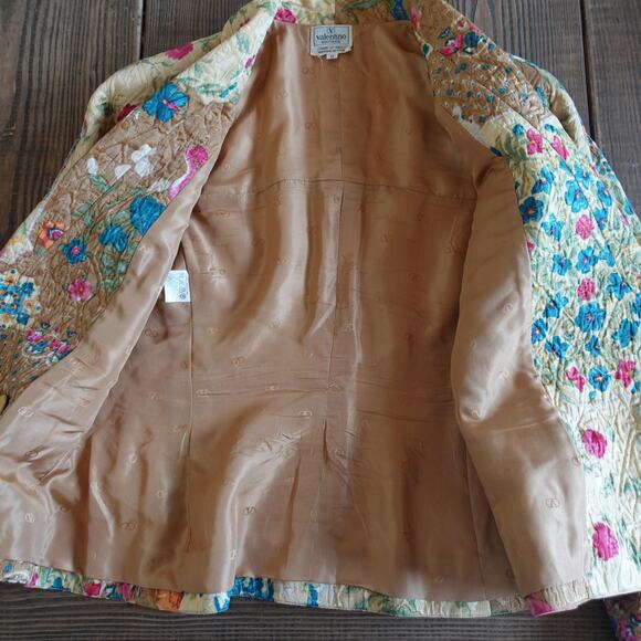 Vintage Valentino Jacket Skirt Suit 8 Silk Jacquard Patchwork Floral Italy Retro - Picture 6 of 15